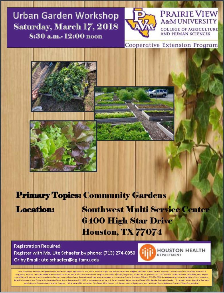 Come learn how to make a sustainable community garden in your neighborhood! Join us on Saturday, March 17th from 8:30 am to noon. at the Southwest Multi Service Center located at 6400 High Star Drive, Houston Tx 77074 Registration is required. Please call Ute Schaefer at 713-274-0950 or email her at ute.schaefer@ag.tamu.edu.