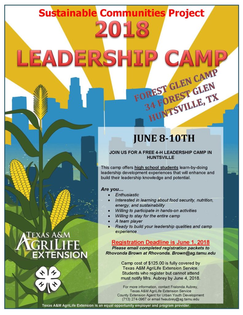 This free camp is open to high school students who will learn-by-doing leadership development experiences that will enhance and build their leadership knowledge and potential. Registration deadline is June 1st! Contact Mrs. Rhovonda Brown at 713-274-0950 for more information.
