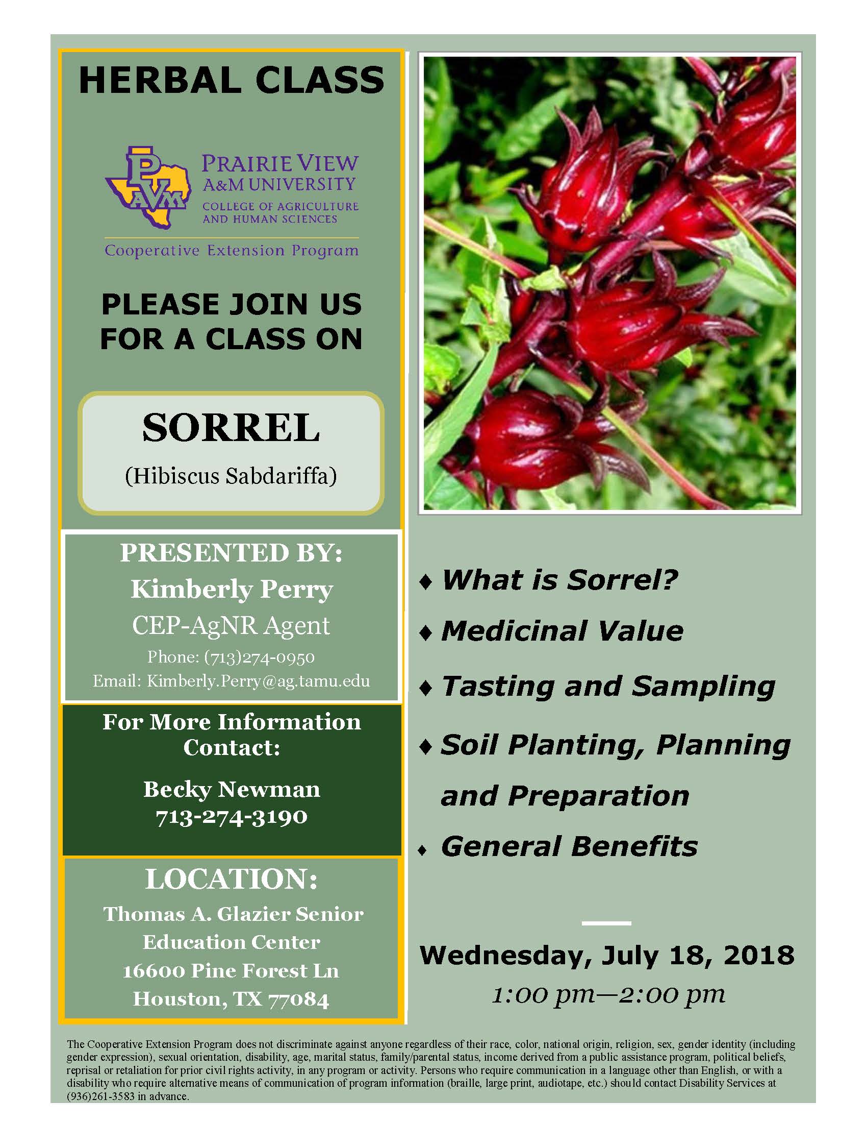 Come join us and learn more about the herb Sorrel (hibiscus Sabdaffriffa) presented by CEP-AgNR Agent Kimberly Perry at the Thomas A. Glazier Senior Education Center located at 16600 Pine Forest Ln.  Houston, TX 77084 on Wednesday July 18 from 1 pm to 2 pm.  Topics will cover what is Sorrel, medicinal values, tasting and sampling, soil planting, planning and preparation and its general benefits.  For more information, contact Becky Newman at 713-274-3190.