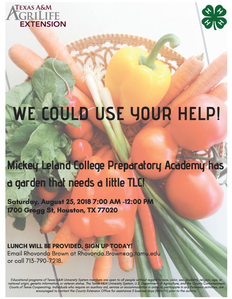 Greetings from the Texas A&M AgriLife Extension Program 4-H & Youth Development Department We really need your help. Mickey Leland College Preparatory Academy has a garden that needs a little TLC. Will you help us? Do you have any teens who need some volunteer hours and are willing to assist us? Meet us at The Knight’s Glade! WHEN: Saturday, August 25, 2018 WHERE: Mickey Leland College Preparatory Academy, 1700 Gregg St, Houston TX 77020 TIME: 7:00a.m. – 12:00 p.m. Sign up by emailing Rhovonda Brown at Rhovonda.Brown@ag.tamu.edu or you may call 713-790-7218. Lunch will be provided. We will see you soon! Thanks in advance.