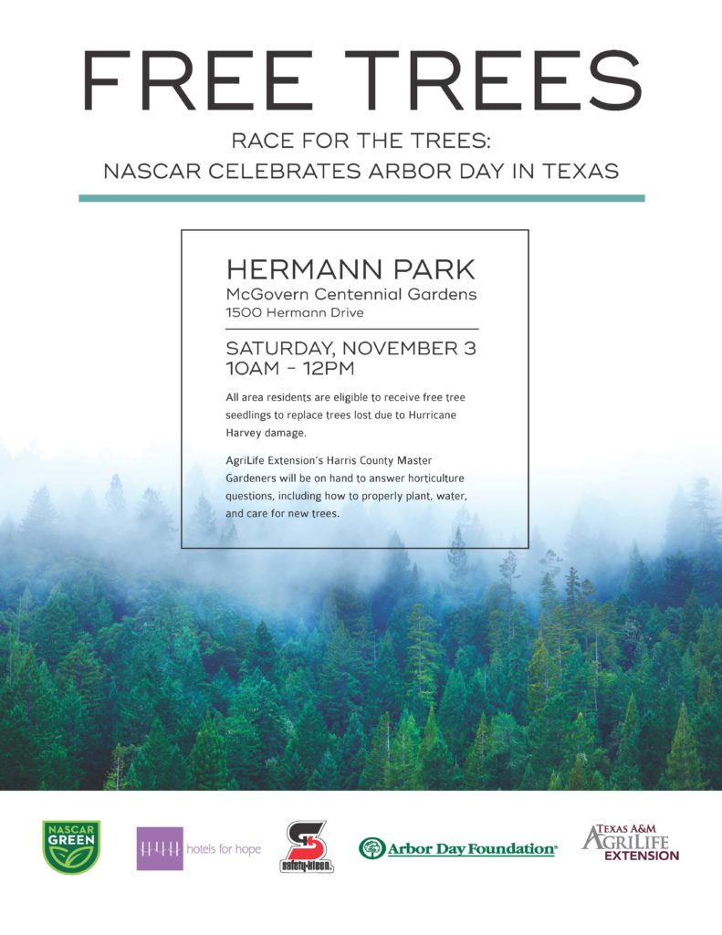All area residents are eligible to receive free tree seedlings to replace trees lost due to Hurricane Harvey damage. This will be located in Hermann Park at the McGovern Centennial Gardens at 1500 Hermann Drive on Saturday November 3rd from 10 am to noon.