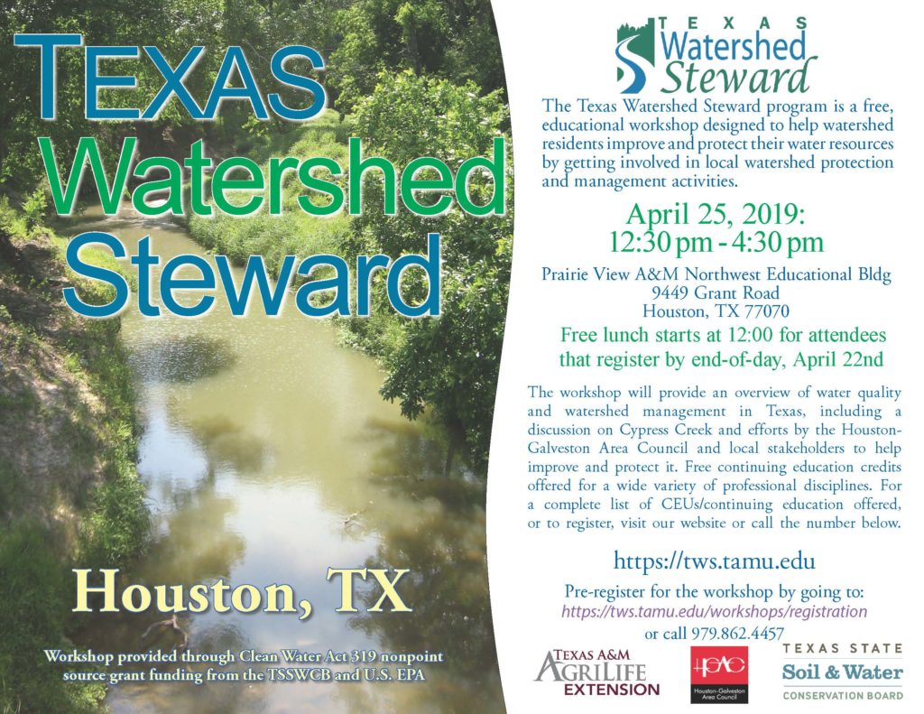 The Texas Watershed Steward Program is a free educational workshop designed to help watershed residents improve and protect their water resource. The program will be held on Thursday, April 25 from 12:30 to 4:30 pm at the Prairie View A&M Northwest Educational Bldg. 9449 Grant Road, Houston, Tx 77070. Free Lunch will be offered for attendees registered by April 22nd. Pre-register for the workshop by calling 979-862-4457.